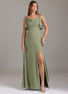 Azazie Darcia Bridesmaid Dresses Pistachio A-Line Side Slit Chiffon Dress image1