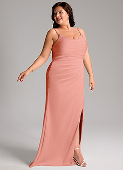 Azazie Deandra Bridesmaid Dresses Coral Mermaid Pleated Stretch Satin Dress image11