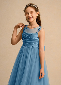 Azazie Snowball Girl Jurken voor bloemenmeisjes Baljurk Jurk van Tule Geplooid Staal Blauw image7