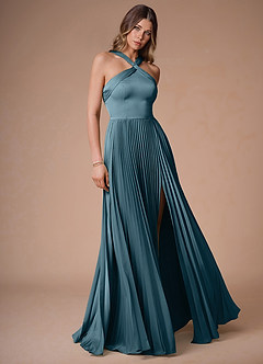 Afra Azure Blue A-Line Pleated Stretch Satin Dress image3