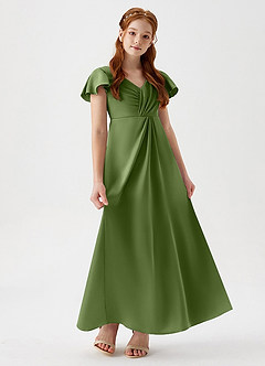 Azazie Soren Junior A-Linie Gestreift Stretch-Satin Kleid Wacholder image1