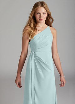 Azazie Mika Junior Robe Trapèze en Satin extensible Plissée Brume image4