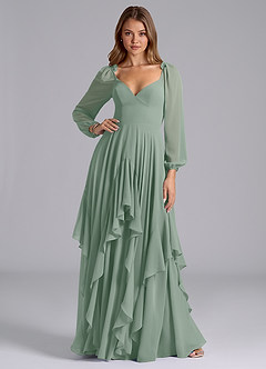 Azazie Karan Bridesmaid Dresses Silver Sage A-Line Long Sleeve Chiffon Dress image3