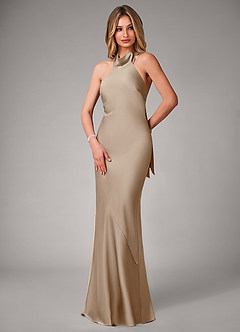 Azazie Velli Bridesmaid Dresses Taupe Mermaid Stretch Satin Dress image3