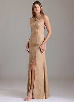 Azazie Rue Abiti da Damigella Abito A-Line in Burnout Floreale Plissettato Champagne image3