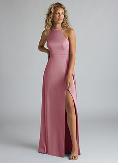Azazie Clarice Bridesmaid Dresses Vintage Mauve A-Line High Neck Stretch Satin Dress image5