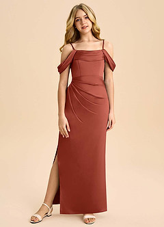 Azazie Saige Junior Robe Fourreau en Satin extensible Épaule décolletée Terracotta image3