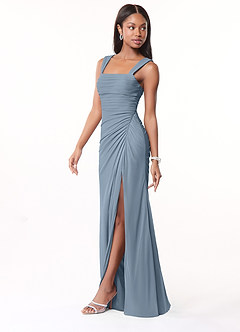 Azazie Jesaphine Bridesmaid Dresses Dusty Blue Sheath Ruched Mesh Dress image4