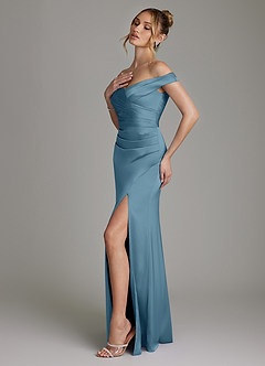 Azazie Teyana Bridesmaid Dresses Bermuda Sheath Off the Shoulder Stretch Satin Dress image6