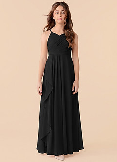 Azazie Mariela Junior Black A-Line Pleated Chiffon Dress image1