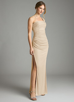 Azazie Tati Bridesmaid Dresses Champagne Sheath Off the Shoulder Mesh Dress image3