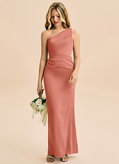 Azazie Akilah Junior Robe Fourreau en Satin extensible Plissée Rose Saumon image3