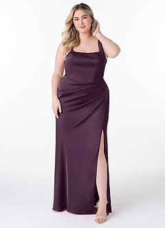 Azazie Mero Bridesmaid Dresses Plum Sheath Pleated Stretch Satin Dress image6