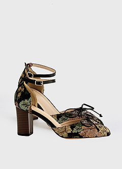 front Floral Tapestry Ankle Strap Block Heels