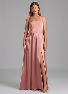 Azazie Rosaline Bridesmaid Dresses Rosette A-Line Side Slit Stretch Satin Dress image3