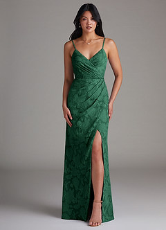 Azazie Maci Bridesmaid Dresses Dark Green Sheath Pleated Floral Burnout Dress image1