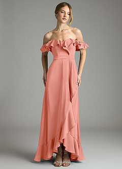Azazie Lyra Bridesmaid Dresses Coral A-Line Off the Shoulder Stretch Satin Convertible Dress image6