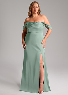 Azazie Saige Bridesmaid Dresses Agave Sheath Off the Shoulder Stretch Satin Dress image16
