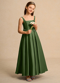 Azazie Mochi Girl Jurken voor bloemenmeisjes Baljurk Jurk van Mat Satijn Geplooid Olijf image4