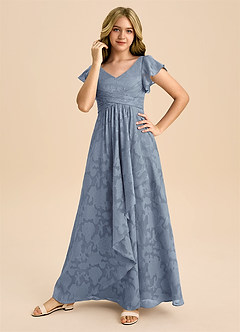 Azazie Omari Junior Dusty Blue A-Line Pleated Floral Burnout Dress image5