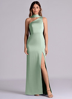 Azazie Philana Bridesmaid Dresses Agave A-Line One Shoulder Stretch Satin Dress image1