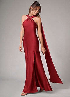 Azazie Kinsley Robes de demoiselle d'honneur Robe Sirène en Satin extensible Fente latérale Écarlate image4