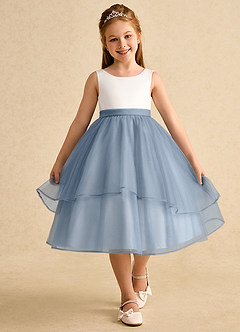 Azazie Rene vestidos de niña de las flores Vestido de Marfil Azul Polvoriento de Tul de Corte En A con Lazo image4