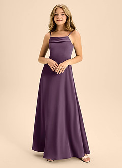 Azazie Anselie Junior Vestido de Ciruela de Satén Elástico de Corte En A con Vestidos sin tirantes image3
