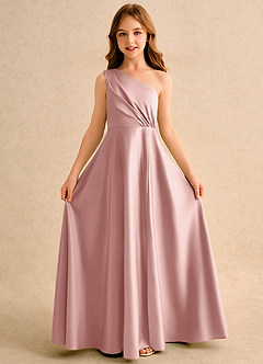 Azazie Puddles Girls Formal Flower Girl Dresses Rose Gold A-Line One Shoulder Matte Satin Dress image5