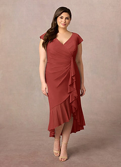 Azazie Renetta Mother of the Bride Dresses Terracotta Sheath V-Neck Pleated Mesh Dress image8