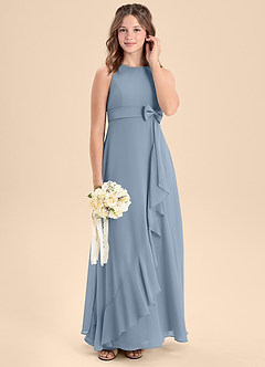 Azazie Lilenne Junior Vestido de Azul Polvoriento de Gasa de Corte En A con Lazo image3