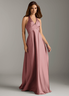 Azazie Tessie Vestidos de damas de honor Vestido de Rosa Polvorienta de Satén Elástico de Corte en A con Plisado image1