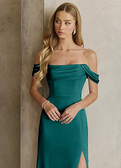Azazie Saige Bridesmaid Dresses Peacock Sheath Off the Shoulder Stretch Satin Dress image2