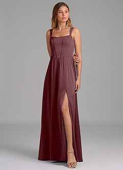 Azazie Rosaline Bridesmaid Dresses Sangria A-Line Side Slit Stretch Satin Dress image4