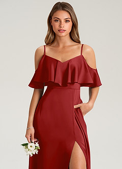 Azazie Jean Bridesmaid Dresses Pomegranate A-Line Off the Shoulder Stretch Satin Dress image6