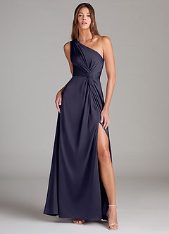 Azazie Brooke Jurken voor bruidsmeisjes Jurk van Stretch Satijn met A-Lijn One-Shoulder Stormachtig image1