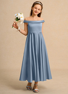 Azazie Teeny Junior Formal Jurken voor bloemenmeisjes A-Lijn Jurk van Mat Satijn Geplooid Stoffig Blauw image5