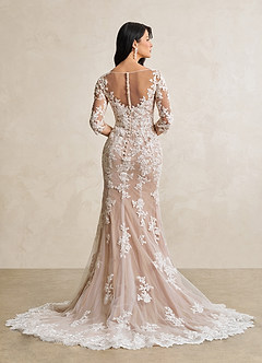 Azazie Neela Final Sale Diamond White Mocha Mermaid V-Neck Lace Tulle Dress image5