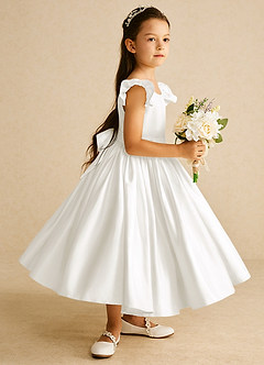 Azazie Violeta Flower Girl Dresses Ivory Ball-Gown Bow Matte Satin Dress image4