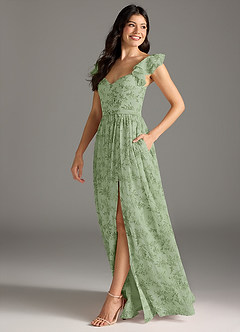 Azazie Nalin Vestidos de damas de honor Vestido de Floral Helecho Verde de Gasa de Corte en A con Volante image3