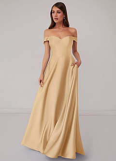 Barbie ♥ Azazie Bridesmaid Dresses Gold A-Line Off the Shoulder Stretch Satin Convertible Dress image2