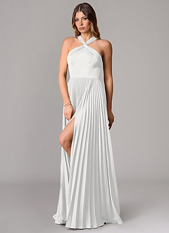 Azazie Afra Abiti da Damigella Abito A-Line in Raso Elasticizzato Plissettato Bianco image4