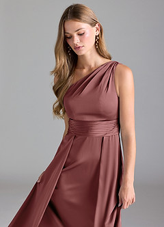 Azazie Dallas Bridesmaid Dresses Amethyst A-Line One Shoulder Stretch Satin Dress image6
