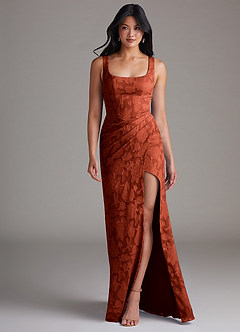 Azazie Mero Abiti da Damigella Abito Tubino in Burnout Floreale Plissettato Auburn image4