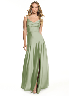 Azazie Kayla Bridesmaid Dresses Dusty Sage Sheath Side Slit Stretch Satin Dress image1