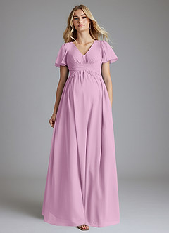 Azazie Verna vestidos de dama de honor de maternidad Vestido de Corte en A Cuello en V fruncido Hasta el suelo Gasa image4