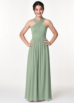 Azazie Jiya Junior Dusty Sage A-Line Pleated Mesh Dress image4