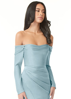 Azazie Hallie Bridesmaid Dresses Moody Blue Sheath Off-The-Shoulder Long Sleeve Stretch Satin Convertible Dress image1