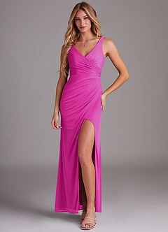 Azazie Leandra Bridesmaid Dresses Fuchsia Mermaid V-Neck Pleated Mesh Dress image1