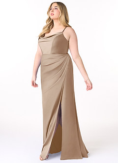 Azazie Marzia Bridesmaid Dresses Taupe Sheath Cowl Pleated Stretch Satin Dress image15